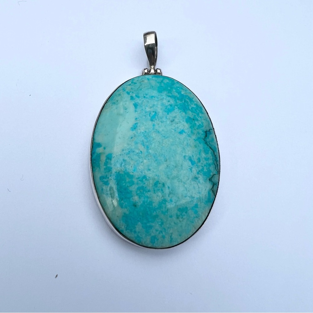 Gorgeous Turquoise Color Large Oval Chrysocolla Sterling Silver Pendant
